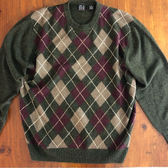JOS A BANK Lambs Wool Mens Argyle SWEATER XL Forest Green Maroon Red Crew Neck - Picture 2 of 10